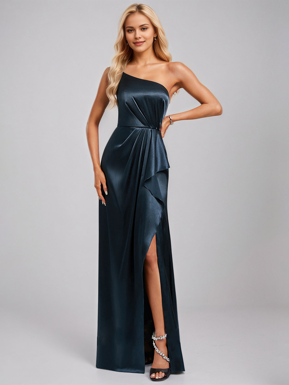 Dark Navy Satin A-Line One-Shoulder Floor-Length Bridesmaid Dress With Ruffle - FashionDia