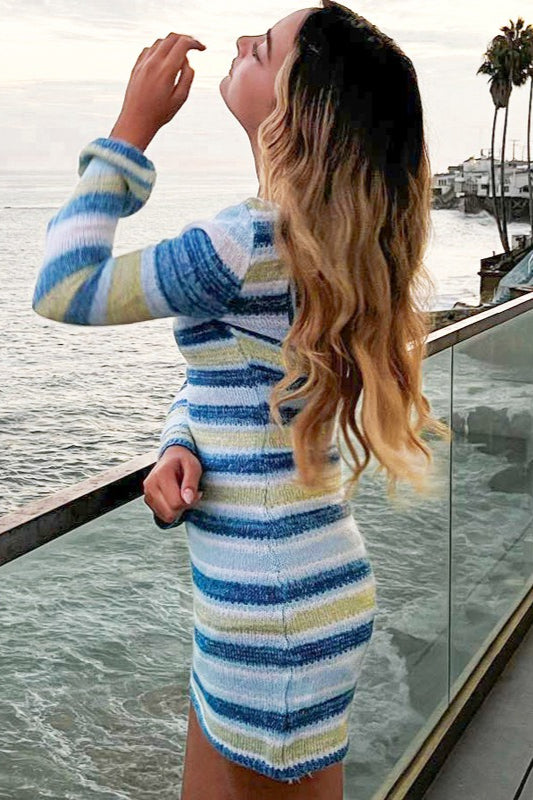 Striped Knit Backless Bell-Sleeve Sweater Dress - View 4 | VelvetHem