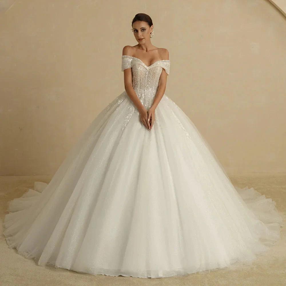 Ivory Beading Princess Wedding Dresses For Bride Off The Shoulder Sleeveless Women Glitter Ball Bridal Gown Robes by payinti