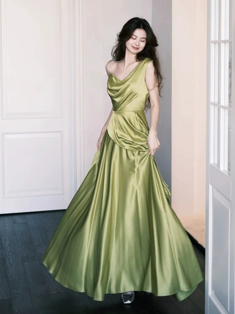 A Line Green Satin Long Prom Dress Simple Bridesmaid Dresses J8622