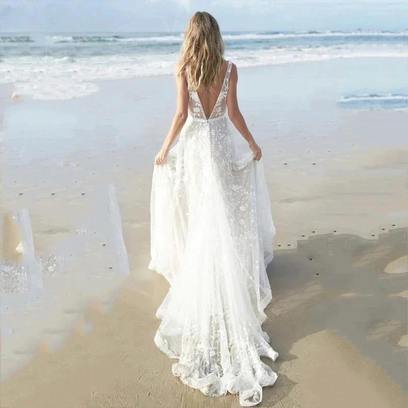 Illusion Tulle Beach Wedding Dress Charming Backless Appliques Bridal Gowns Deep V-Neck Spaghetti Straps vestido de noiva by payinti