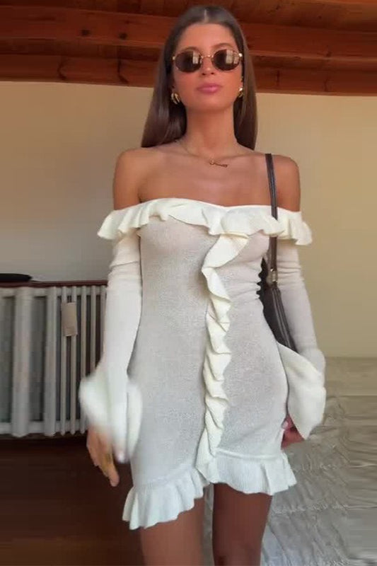 Ruffled Off-Shoulder Chic Bodycon Mini Sweater Dress - VelvetHem