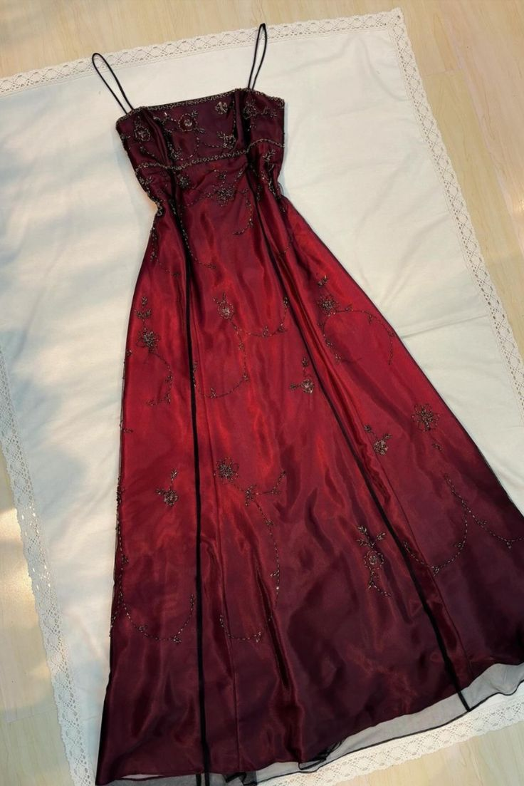 Unique Spaghetti Straps Burgundy Tulle Beaded Evening DressLong Prom Dress - View 3 | FashionDia