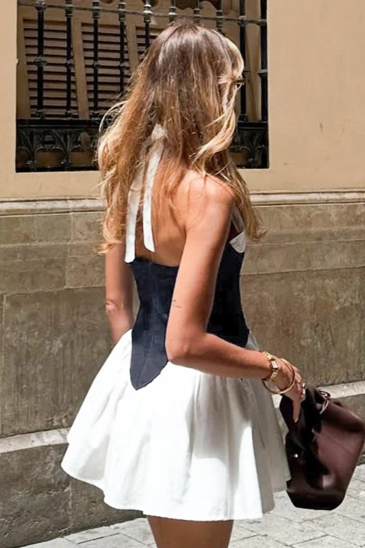 Colorblock Halter Tie Mini Dress - View 2 | FashionDia