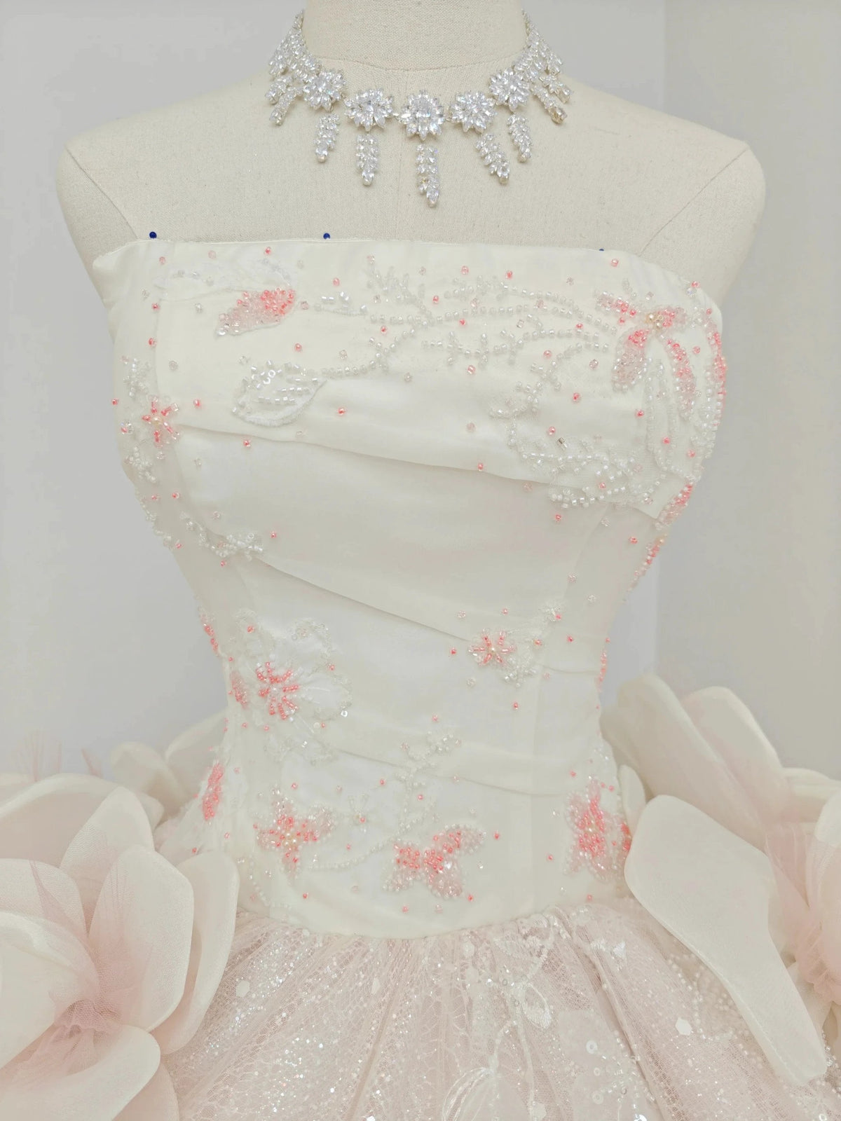 Romantic Blush Ball Gown Strapless 3D Rose Embellished Beaded Wedding Dress with Sparkling Train Ye-2019 (ZD16796) - View 2 | VelvetHem