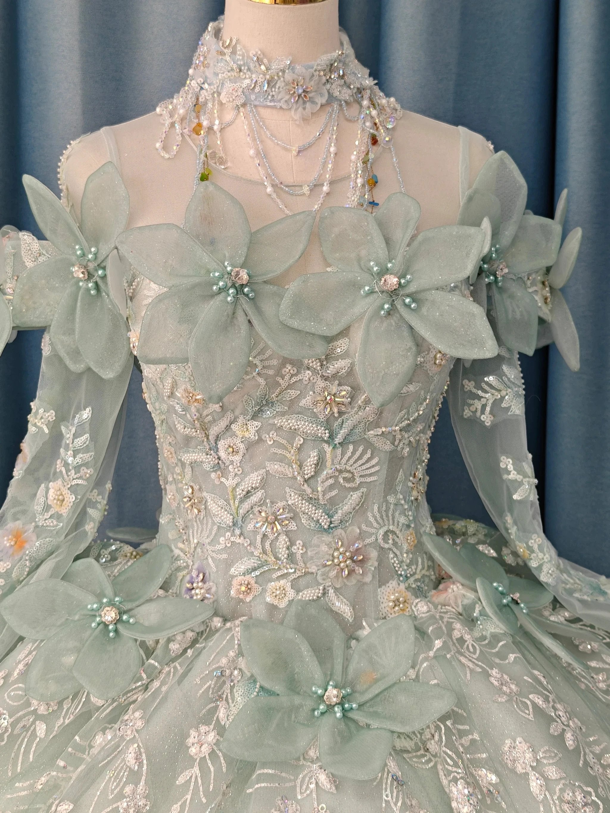 Fairy-Tale Mint Green High-Neck Ball Gown Wedding Dress with 3D Organza Flowers & Crystal Embroidery Ye-2025 (ZD16806) - View 2 | VelvetHem
