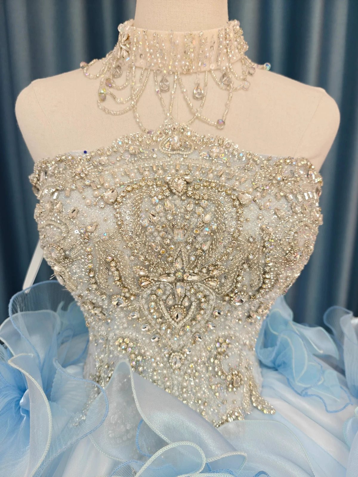 Enchanting Light Blue Strapless Ball Gown Wedding Dress with Crystal Beaded Bodice & 3D Organza Flowers Ye-2024 (ZD16805) - View 2 | VelvetHem