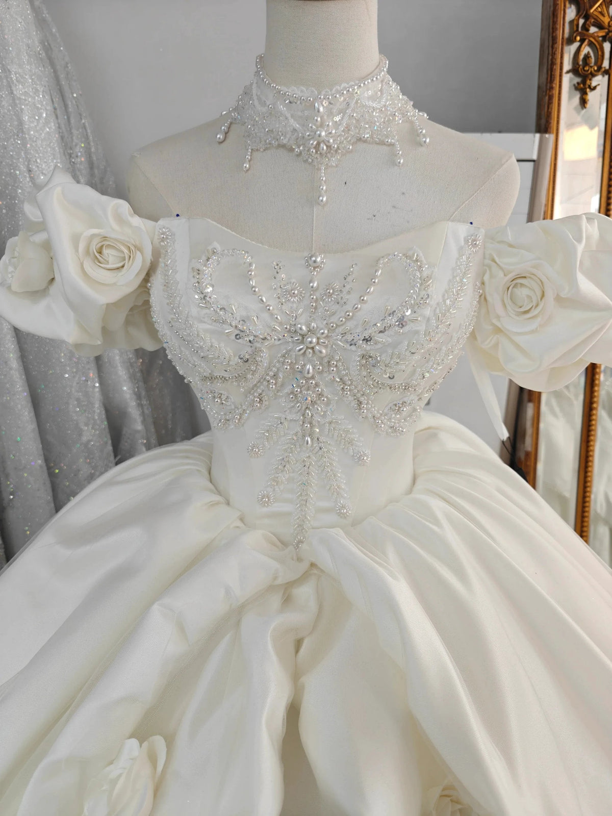 Ivory Rose Off-Shoulder Ballgown Beaded Bust & 3D Flower Skirt by ZAPDRESS