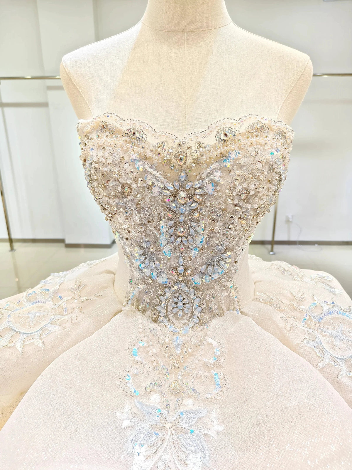Ivory Glimmer Strapless Ballgown: Iridescent Beaded Bust & Flowing Train (ZD16774)