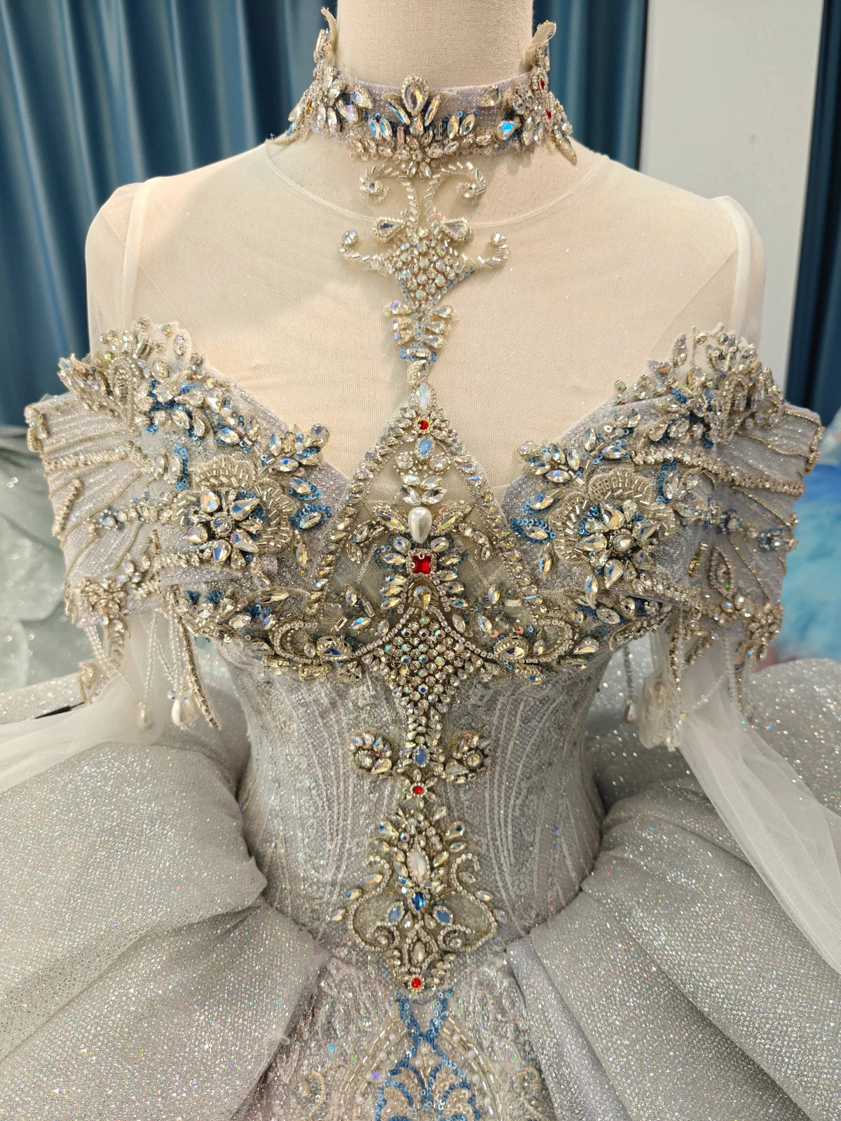 Regal Silver-Gray Off-the-Shoulder Ball Gown Wedding Dress with Crystal Collar, Beaded Embroidery & Tulle Train Ye-2032 (ZD16813) - View 2 | VelvetHem