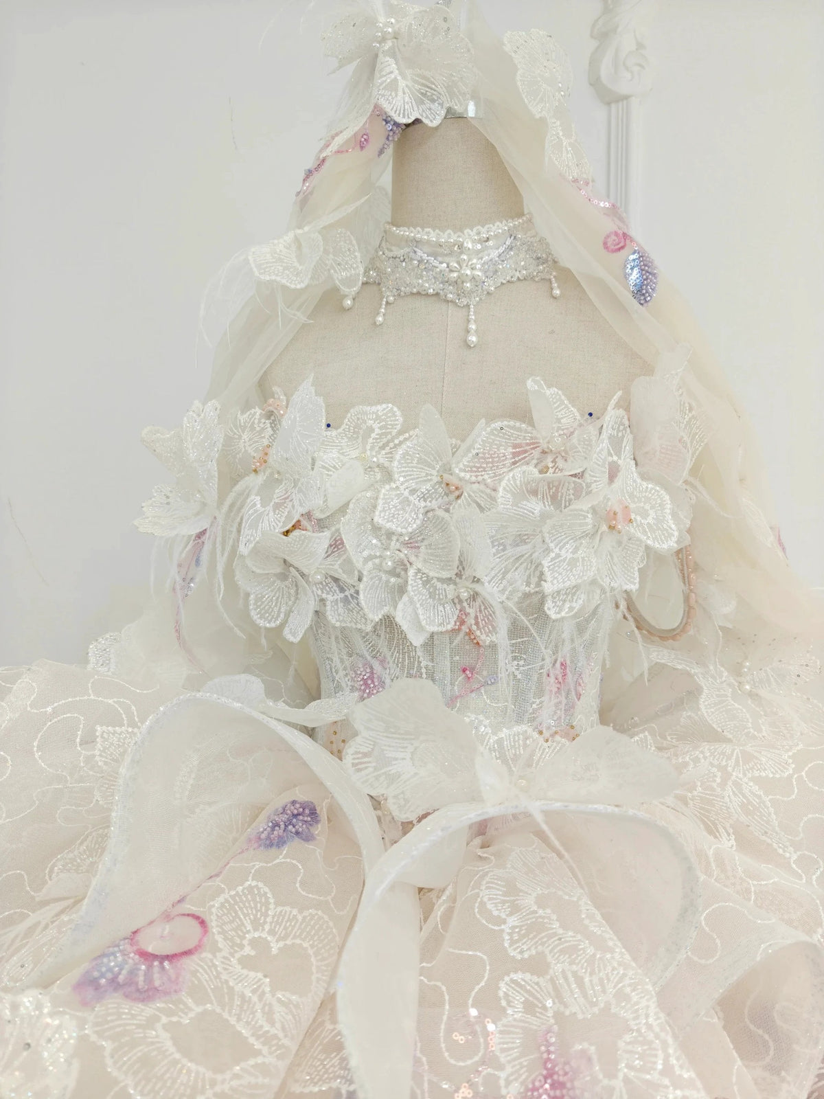 Blush Floral Strapless Ballgown Embroidered Skirt & Tulle Cape (ZD16783)