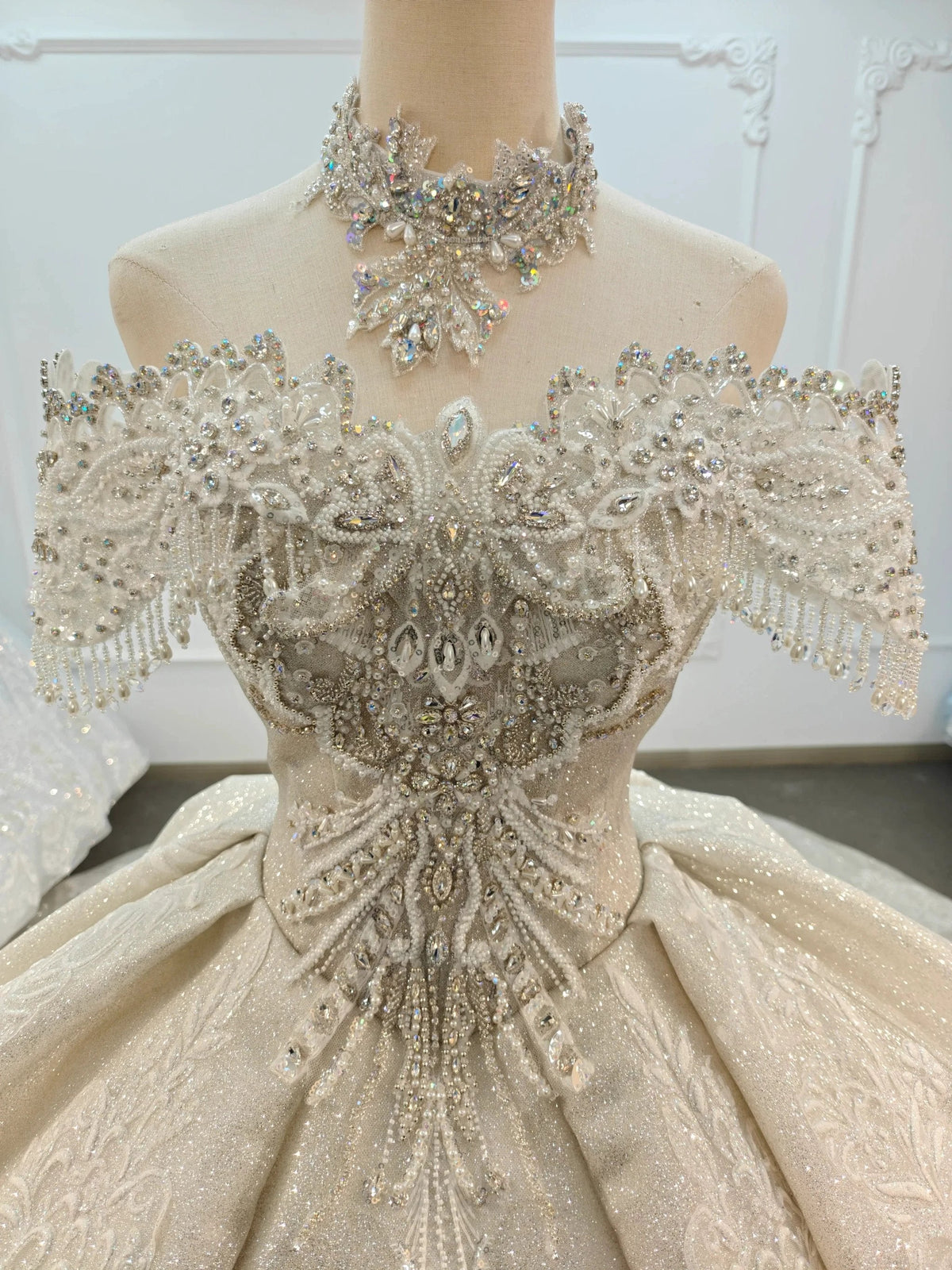 Champagne Glimmer Off-Shoulder Ballgown Crystal Fringe Bust & Embroidered Train (ZD16784)