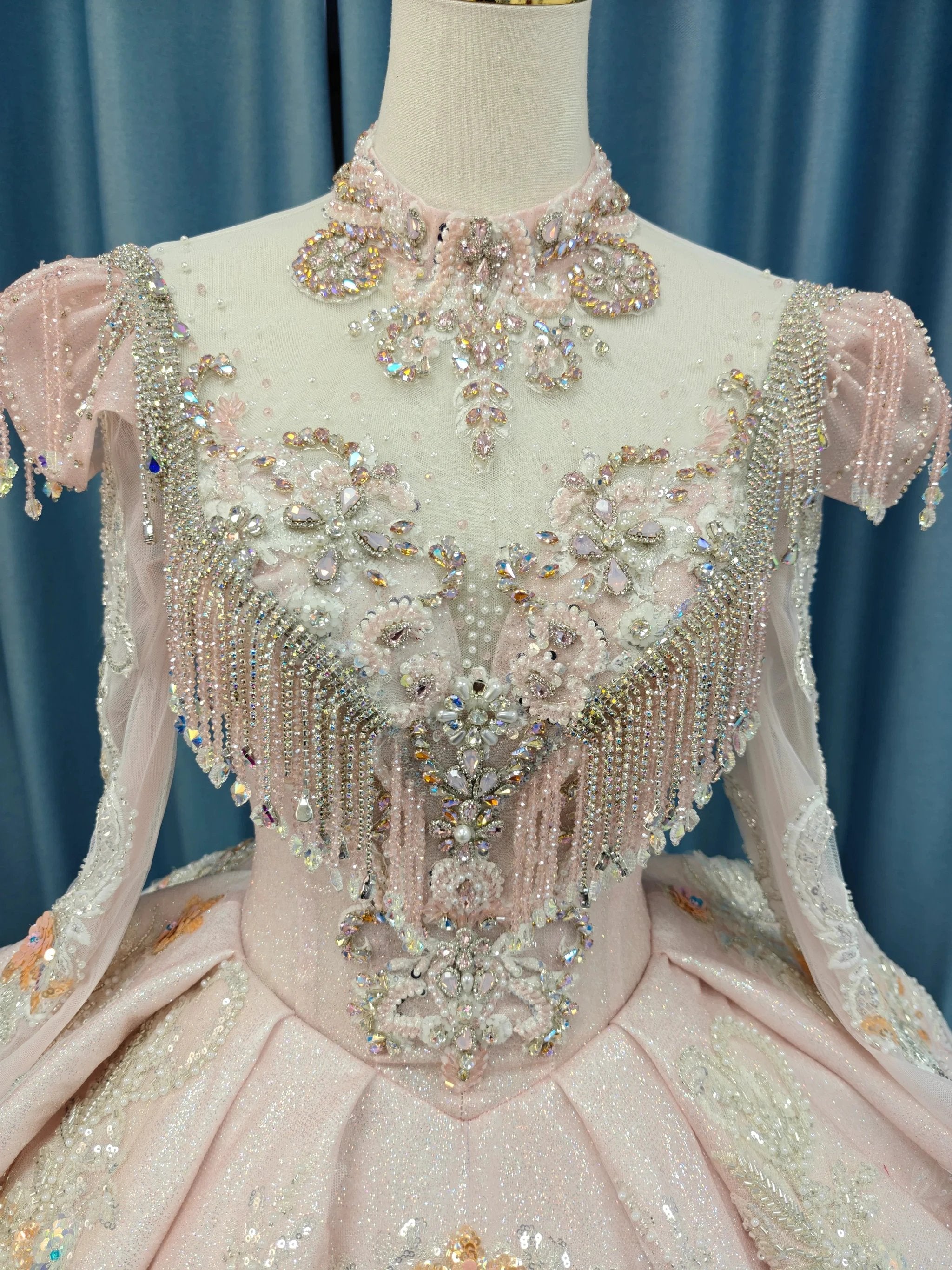 Lavish Blush Pink High-Neck Ball Gown Wedding Dress with Beaded Fringe & 3D Floral Embroidery Ye-2026 (ZD16807) - View 2 | VelvetHem