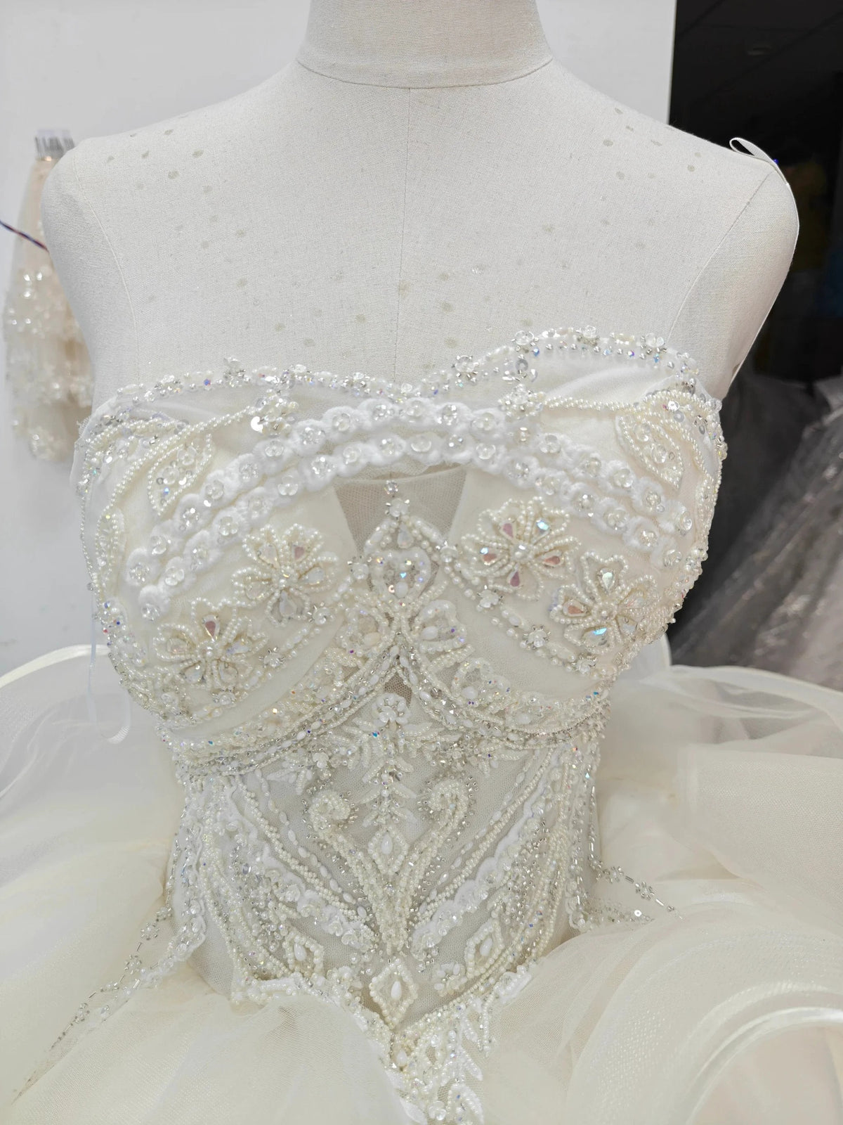 Romantic Sweetheart Strapless Ball Gown Wedding Dress with Crystal Floral Embroidery & Tulle Ruffles Ye-2023 by ZAPDRESS