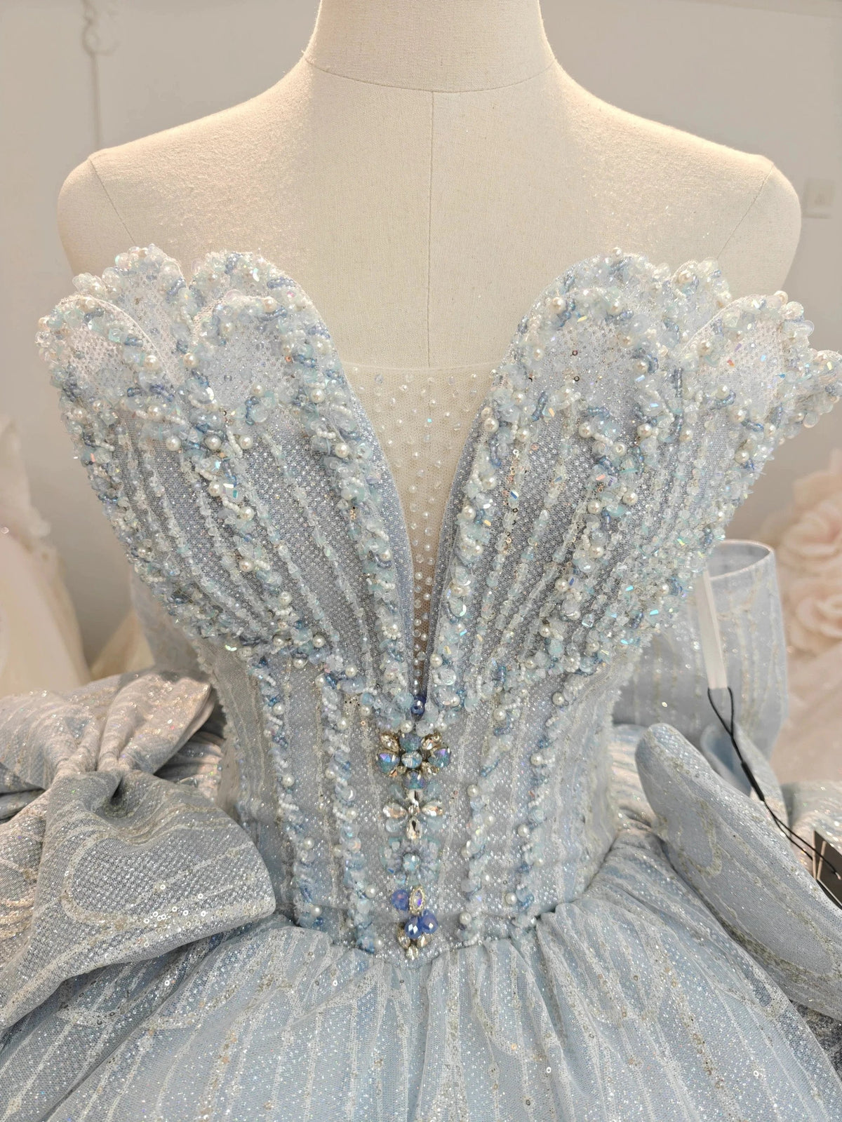 Dreamy Light Blue Sweetheart Ball Gown Wedding Dress with Sequin Tulle, Pearl Beading & Oversized Bow Ye-2029 (ZD16810) - View 2 | VelvetHem