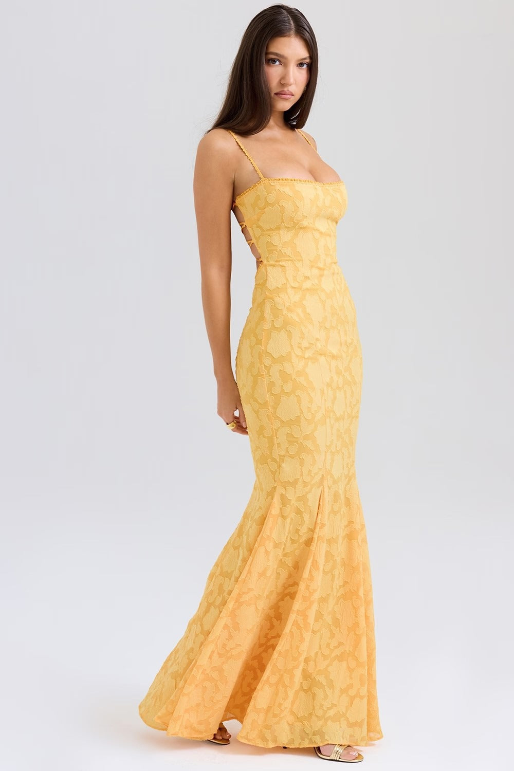 Jacquard Mermaid Cami Maxi Lace Dress - View 10 | VelvetHem