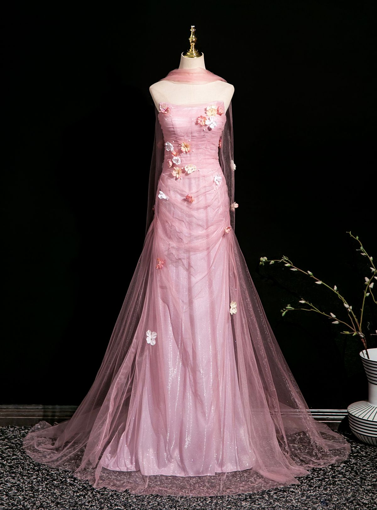 Pink Mermaid Tulle Strapless Flower Long Prom Dress J8158
