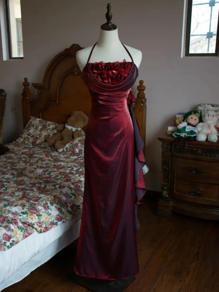 Vintage Burgundy Floral Long Prom Dress Halter Party Evening Gown - View 4 | FashionDia