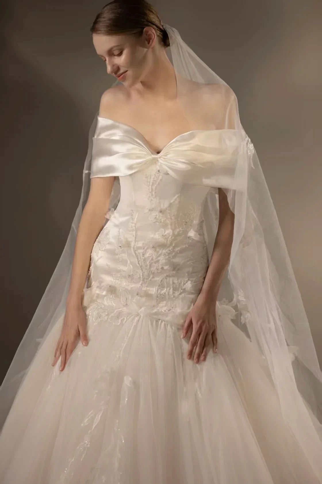 Gorgeous Long Ball Gown Off-the-Shoulder Satin & Tulle Wedding Dress with 3D Embroidery & Cathedral Train (ZD16909) - View 2 | VelvetHem