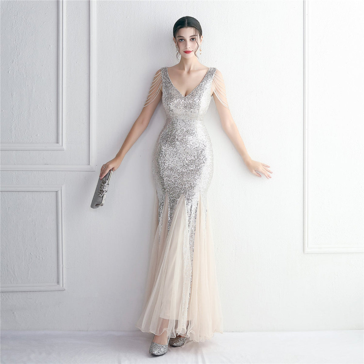 Sequin Mesh Craft Beaded Party Dress: Elegant Long Cocktail Slim Fit Evening Dress - VelvetHem