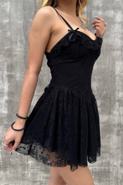 Solid V Neck Ruffled Lace Dress - View 15 | VelvetHem