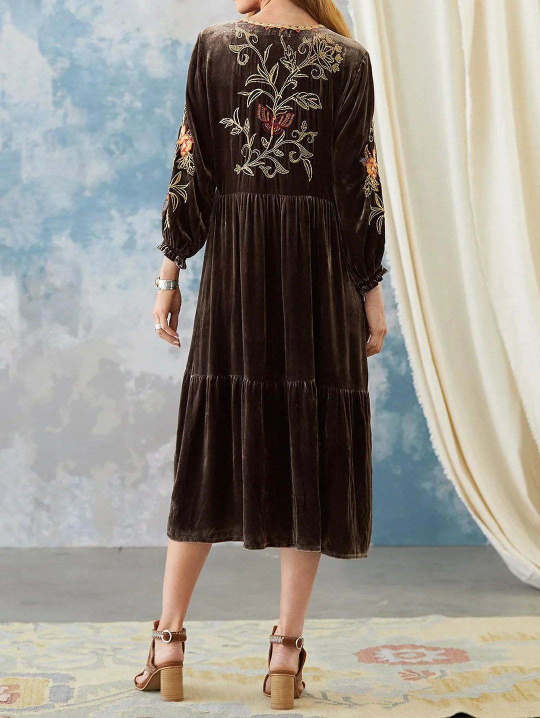 Tassel Front Spliced V Neck Velvet Midi Dress
