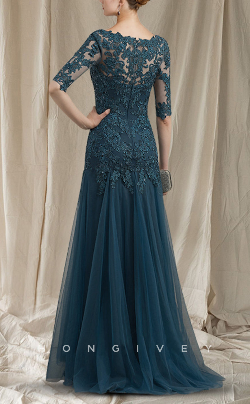 HM194 - Chic V-Neck Half Sleeves Lace Applique Two Tone With Tulle Train Mother of the Bride Dress