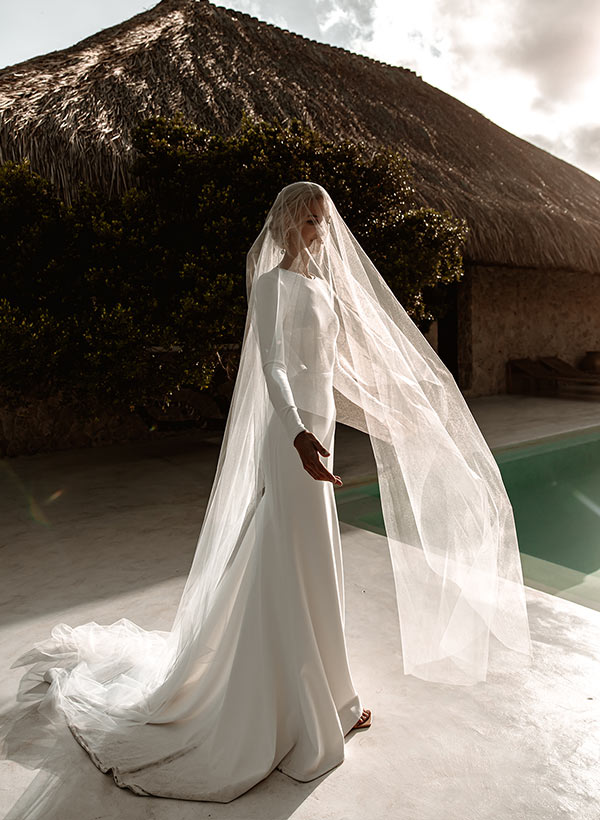Elastic Satin Long Sleeves Mermaid Fitted Wedding Dress