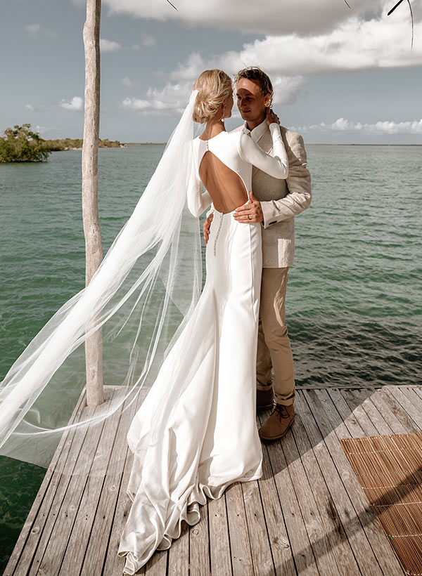 Elastic Satin Long Sleeves Mermaid Fitted Wedding Dress