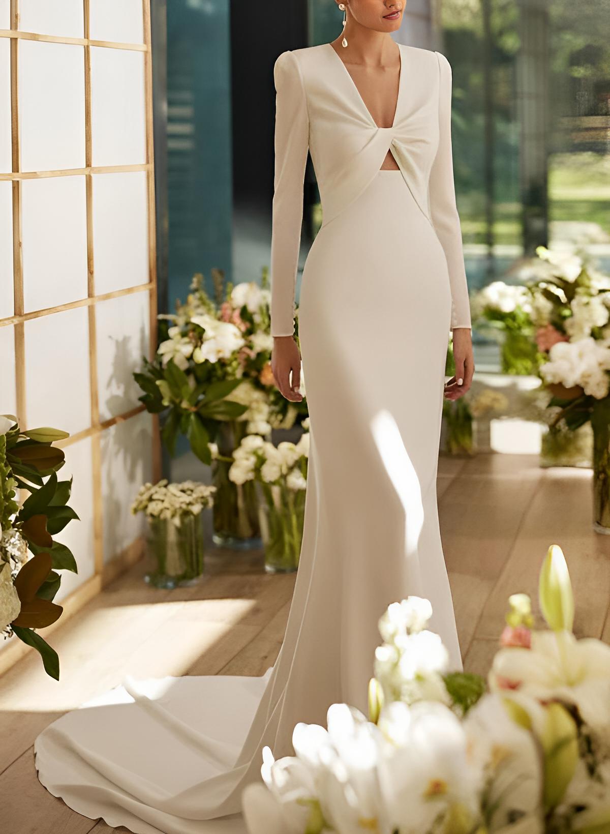 Elastic Satin Mermaid Fitted Wedding Dresses Long Sleeves Court Train