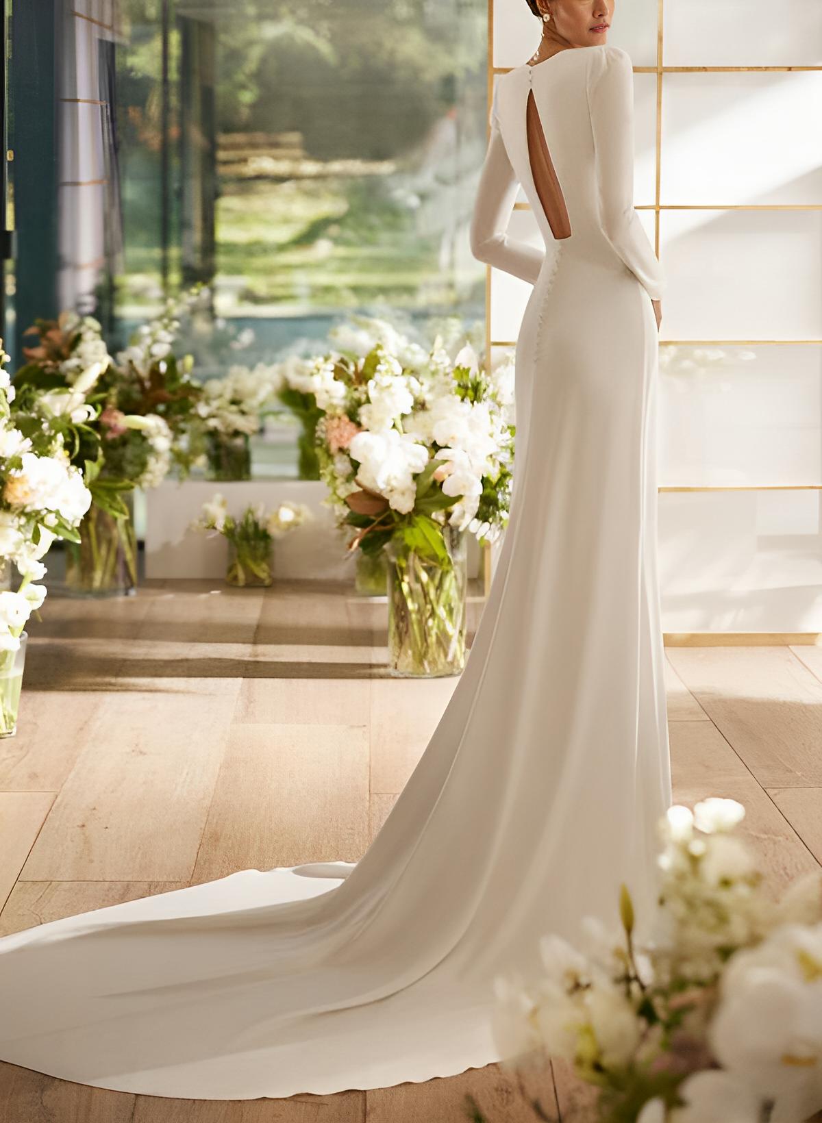 Elastic Satin Mermaid Fitted Wedding Dresses Long Sleeves Court Train