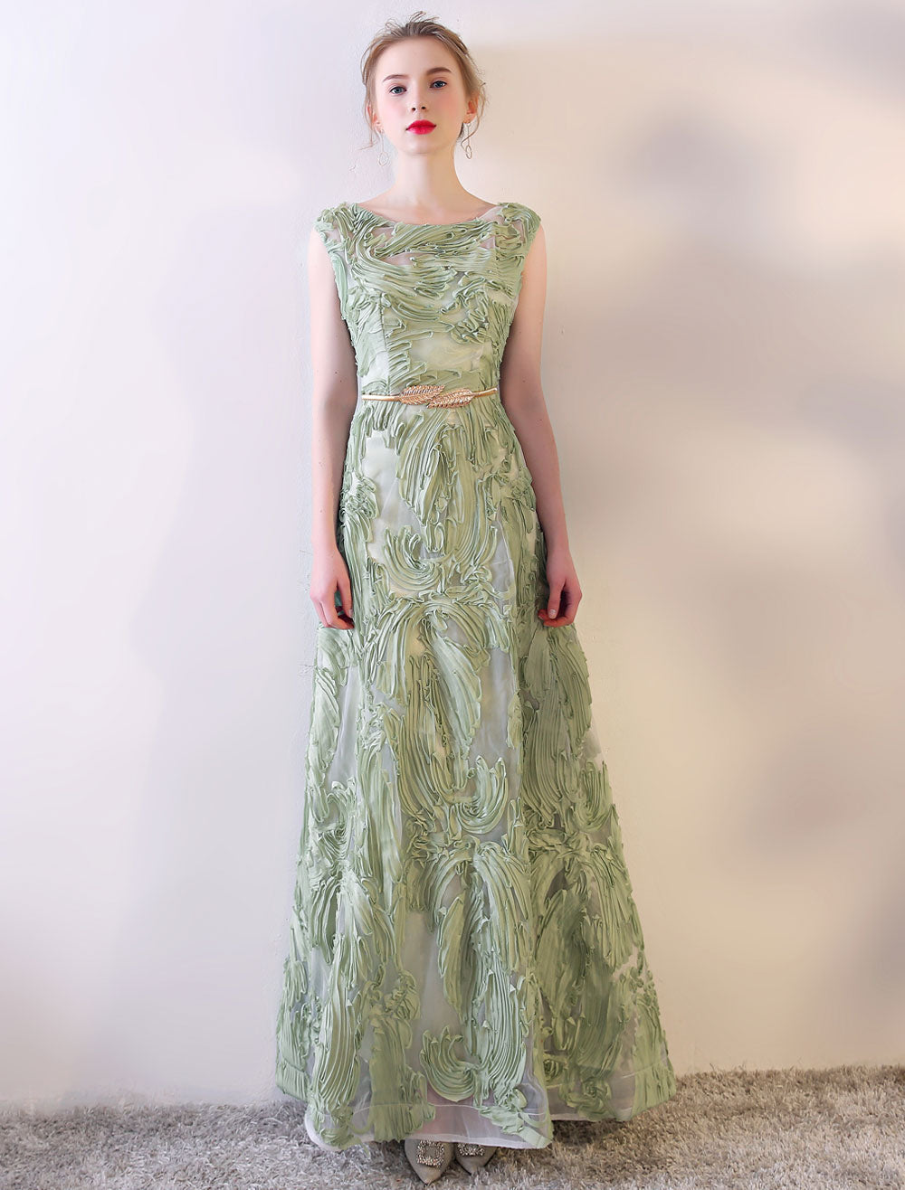 Eleagnt Evening Dresses Long Dusty Sage Embossment Fabric Texture Sleeveless A-Line Floor-Length With Sash Wedding Guest Dress