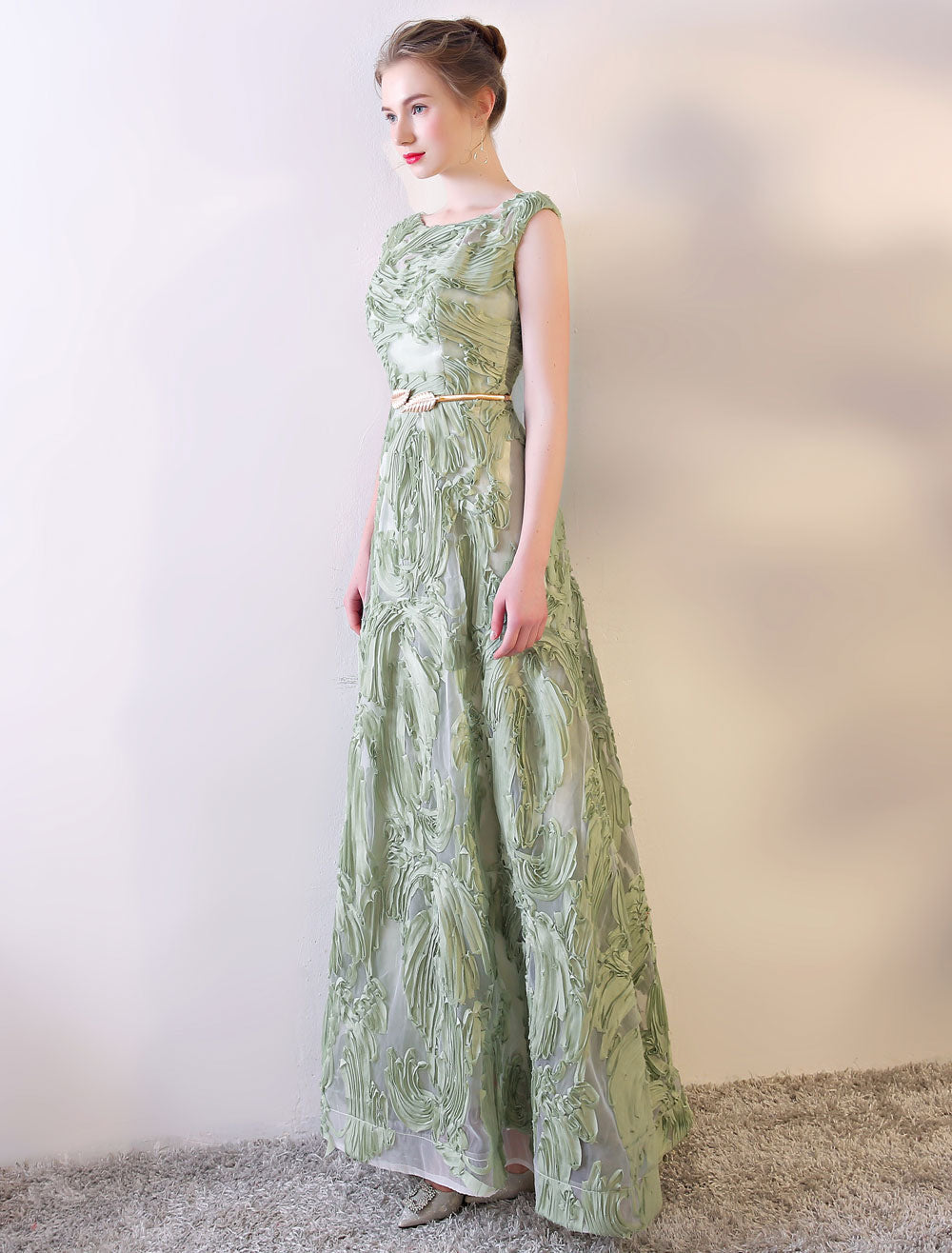Eleagnt Evening Dresses Long Dusty Sage Embossment Fabric Texture Sleeveless A-Line Floor-Length With Sash Wedding Guest Dress