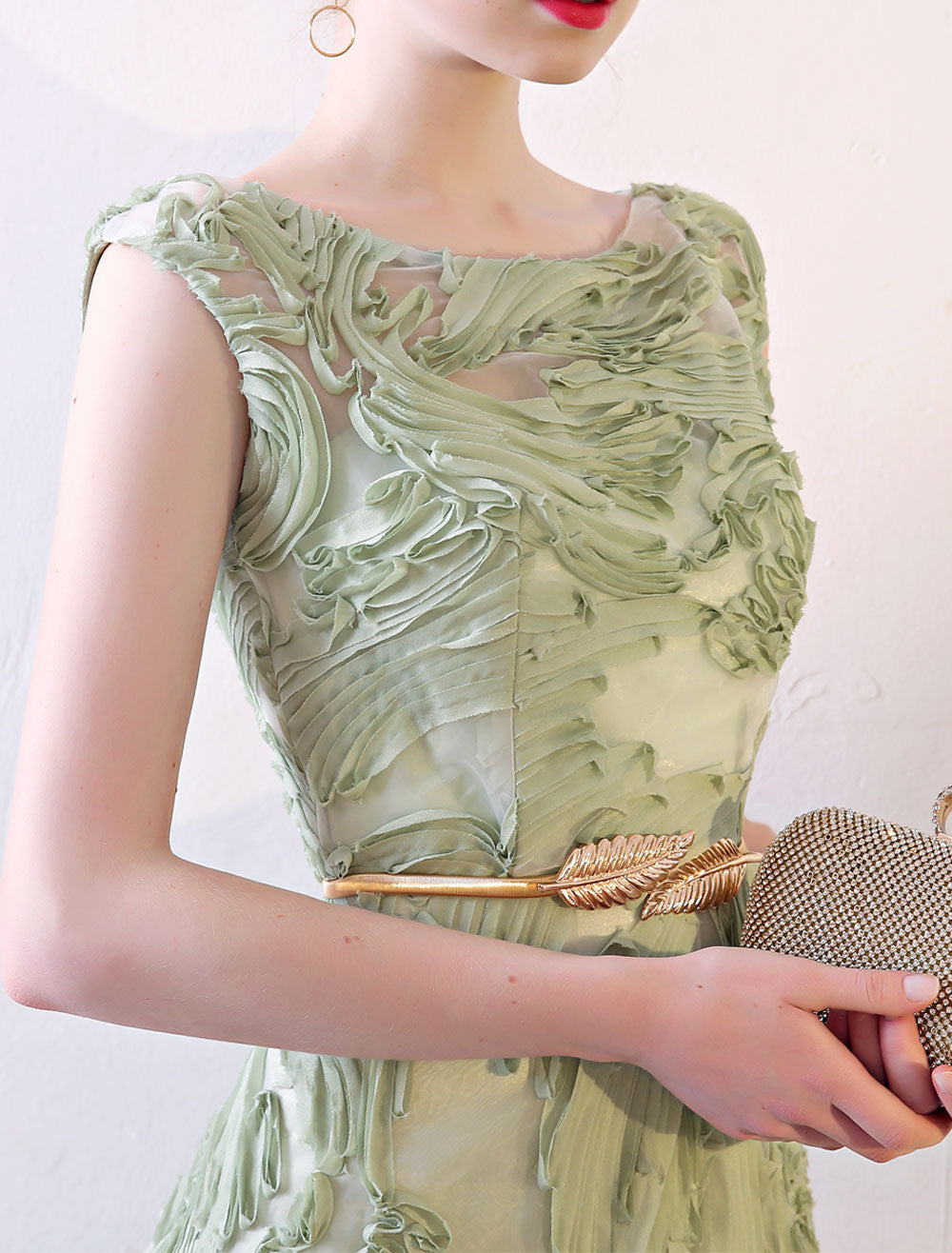 Eleagnt Evening Dresses Long Dusty Sage Embossment Fabric Texture Sleeveless A-Line Floor-Length With Sash Wedding Guest Dress