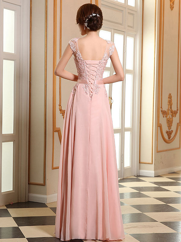 Eleagnt Evening Dresses Soft Pink Lace Applique Evening Dresses Chiffon Sleeveless Sash Floor-Length Formal Gowns