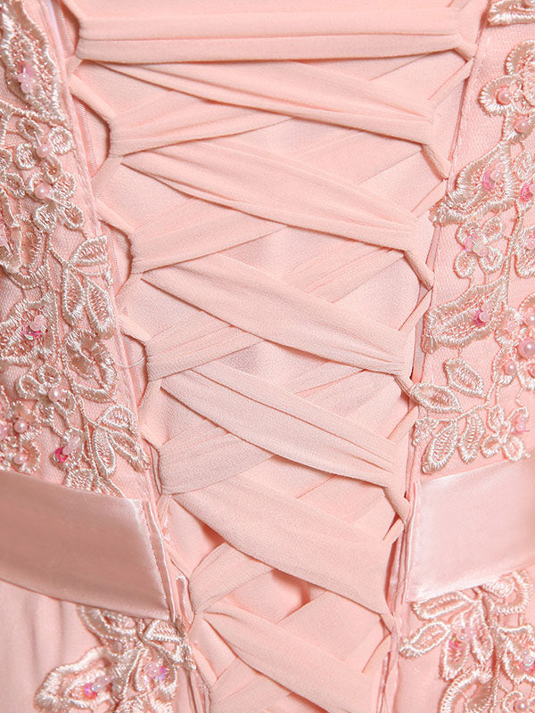 Eleagnt Evening Dresses Soft Pink Lace Applique Evening Dresses Chiffon Sleeveless Sash Floor-Length Formal Gowns