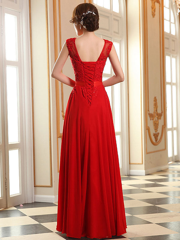 Eleagnt Evening Dresses Soft Pink Lace Applique Evening Dresses Chiffon Sleeveless Sash Floor-Length Formal Gowns
