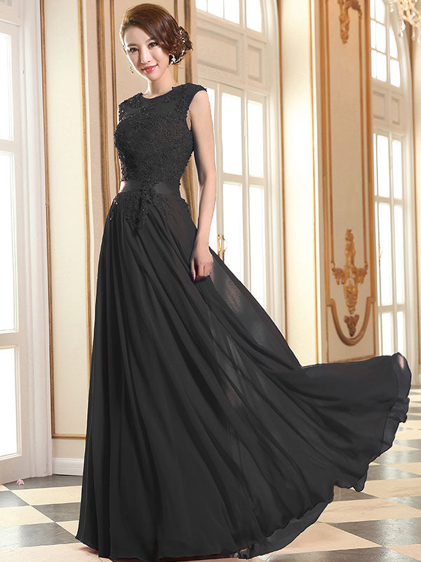 Eleagnt Evening Dresses Soft Pink Lace Applique Evening Dresses Chiffon Sleeveless Sash Floor-Length Formal Gowns