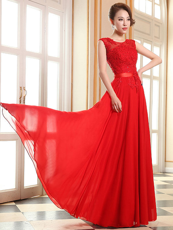 Eleagnt Evening Dresses Soft Pink Lace Applique Evening Dresses Chiffon Sleeveless Sash Floor-Length Formal Gowns