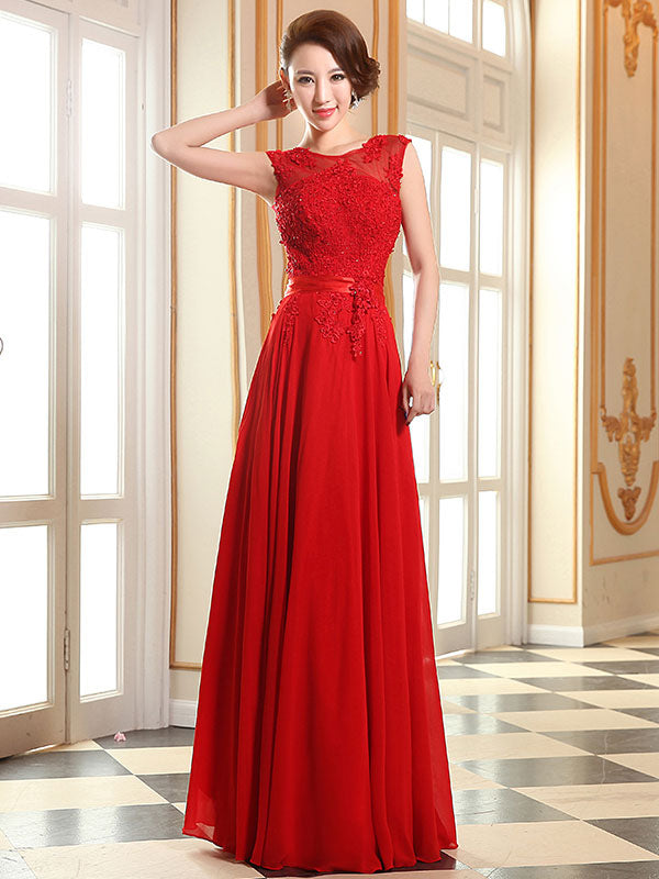 Eleagnt Evening Dresses Soft Pink Lace Applique Evening Dresses Chiffon Sleeveless Sash Floor-Length Formal Gowns