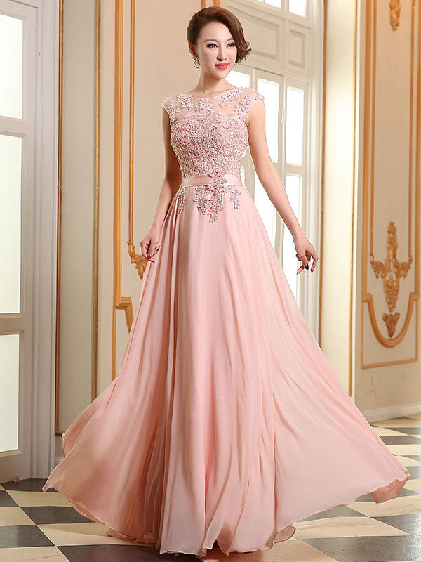 Eleagnt Evening Dresses Soft Pink Lace Applique Evening Dresses Chiffon Sleeveless Sash Floor-Length Formal Gowns