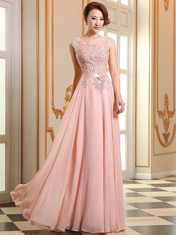 Eleagnt Evening Dresses Soft Pink Lace Applique Evening Dresses Chiffon Sleeveless Sash Floor-Length Formal Gowns