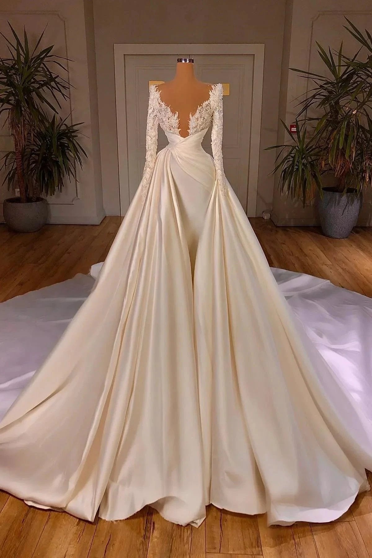 Elegant A-Line Cathedral V-neck Long Wedding Dress With Long Sleeves (ZD14913)