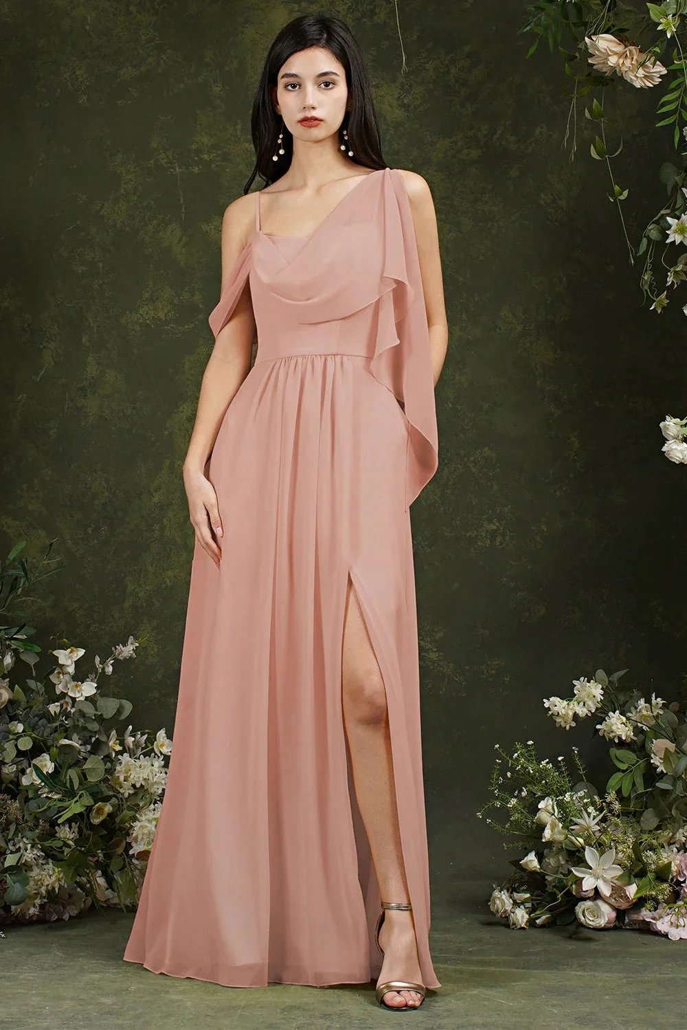 Elegant A-line Chiffon Ruffles Floor-length Split Bridesmaid Dress With Pockets by misshow.com