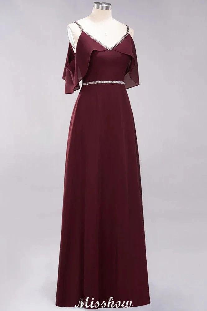 elegant A-line Chiffon V-Neck Spaghetti Straps Sleeveless Floor-Length Bridesmaid Dresses with Beading (ZD12919)