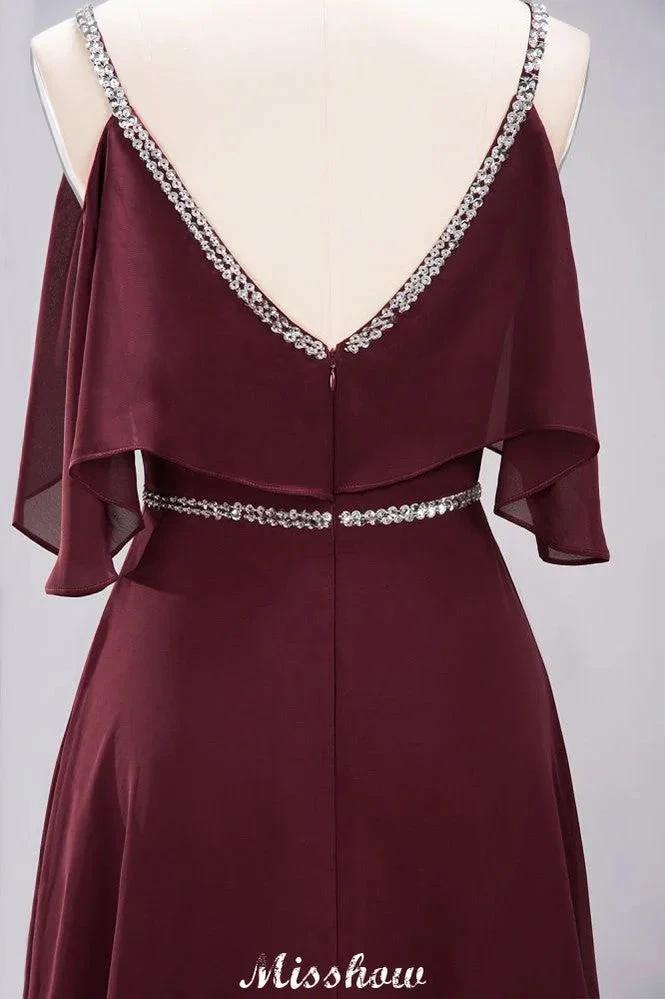 elegant A-line Chiffon V-Neck Spaghetti Straps Sleeveless Floor-Length Bridesmaid Dresses with Beading (ZD12919)