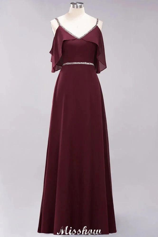 elegant A-line Chiffon V-Neck Spaghetti Straps Sleeveless Floor-Length Bridesmaid Dresses with Beading by misshow.com