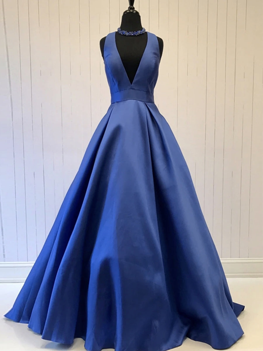 Elegant A-line Deep V Neck Satin Long Prom Formal Graduation Evening Party Dresses - VelvetHem