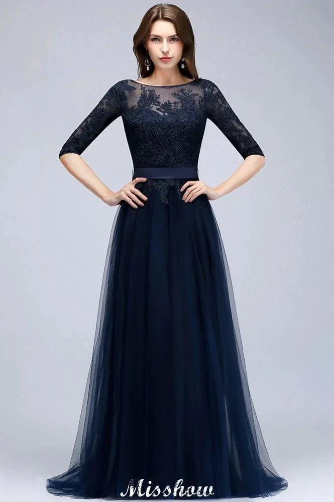 Elegant A-Line Half-Sleeves Lace Appliques Dark Navy Bridesmaid Dresses (ZD12930)