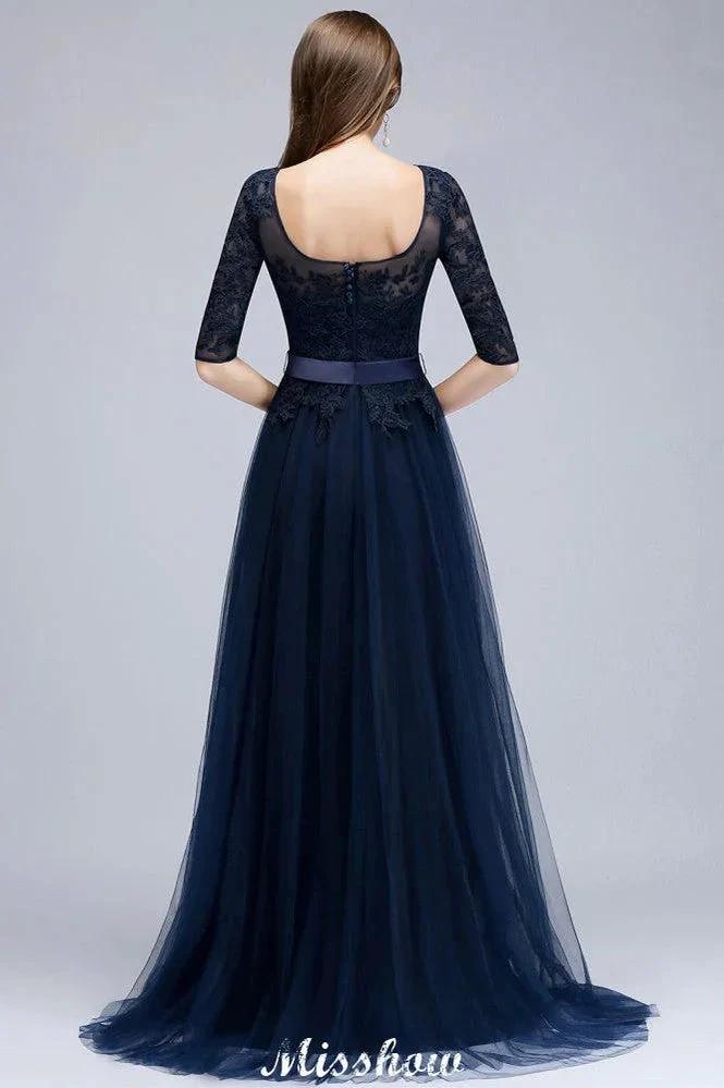 Elegant A-Line Half-Sleeves Lace Appliques Dark Navy Bridesmaid Dresses (ZD12930)